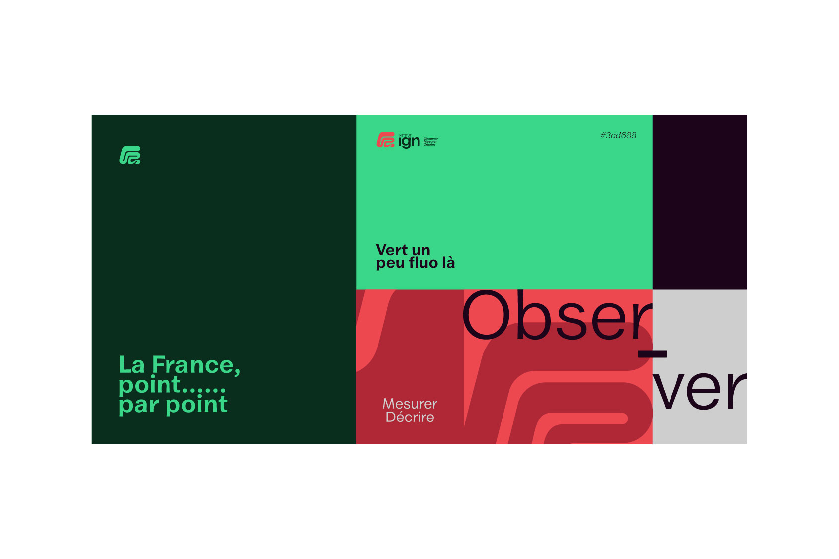 Identité visuelle et branding : logo, couleurs et typographie en aplats vert, rouge et violet